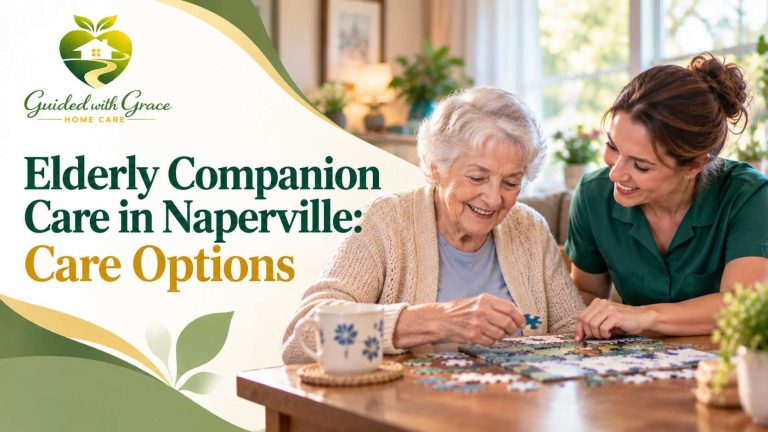 Companion caregiver playing cards with a smiling senior woman in her Naperville living room