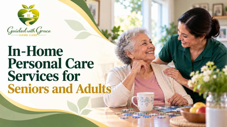 Caregiver helping an older man button his shirt during an in-home personal care visit