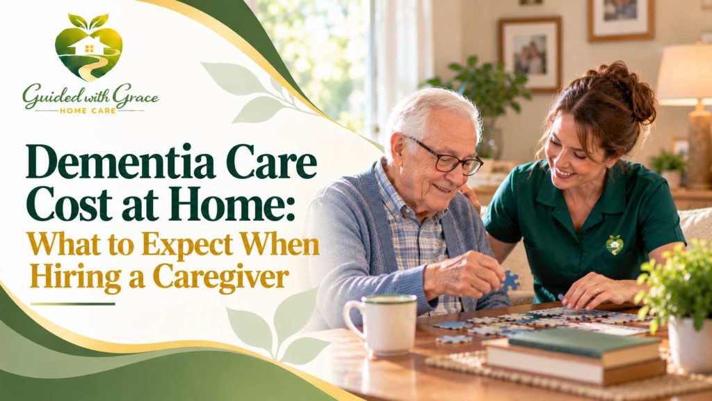 Adult daughter reviewing in-home dementia care costs with a caregiver while her father sits beside them at the kitchen table