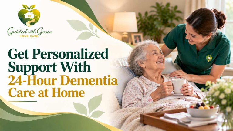 Caregiver helping an older woman with dementia settle into bed in a softly lit bedroom at night