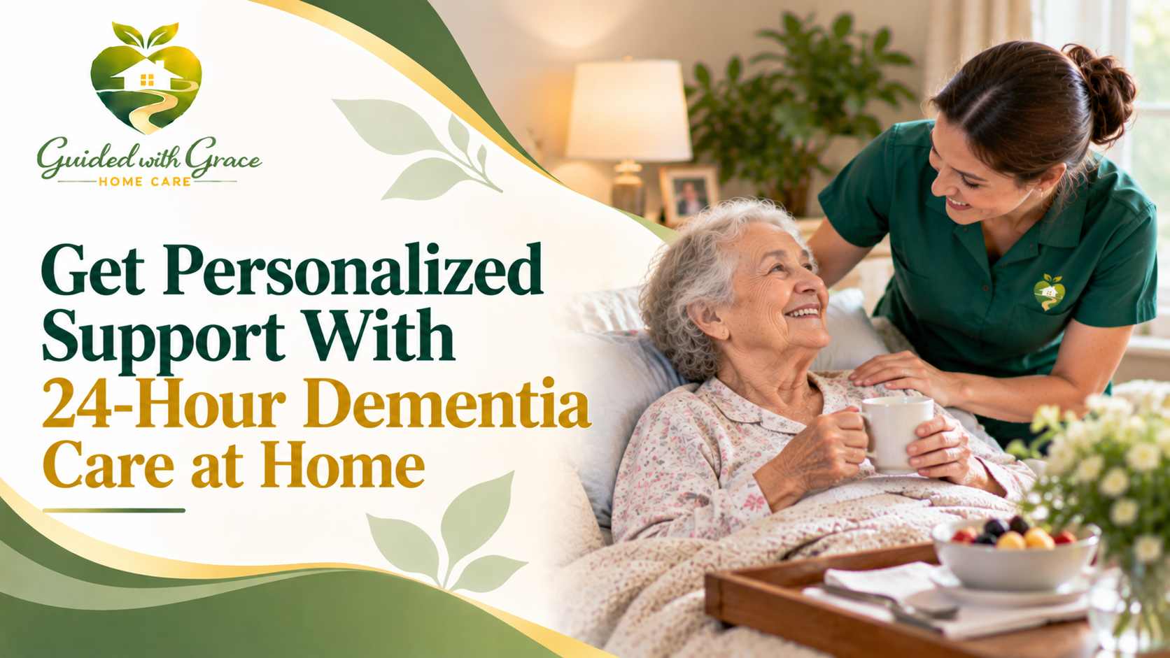 Caregiver helping an older woman with dementia settle into bed in a softly lit bedroom at night