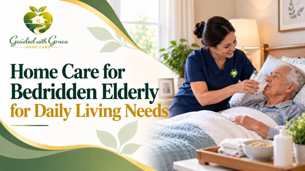 Caregiver adjusting pillows for an elderly man resting in a hospital bed at home