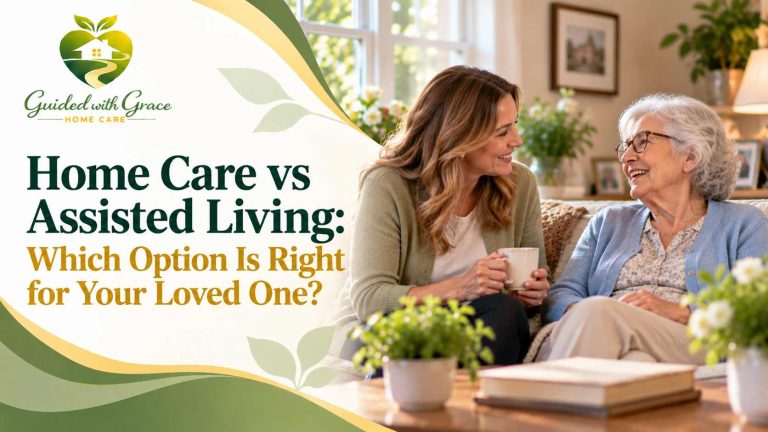 Caregiver helping a senior at home while a family compares home care and assisted living options