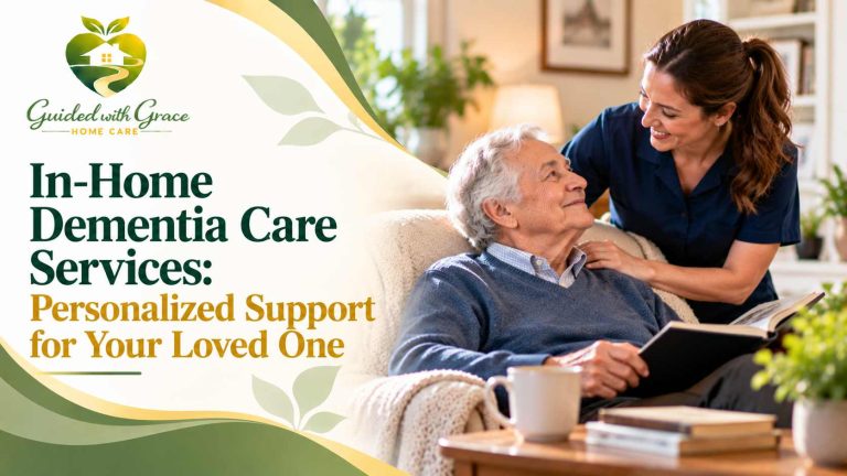 Caregiver sitting with an older woman living with dementia, looking through a family photo album at home