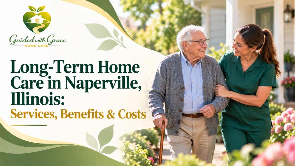 Caregiver providing long-term home care to an elderly woman in her Naperville home
