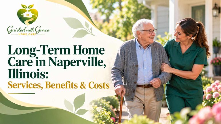 Caregiver providing long-term home care to an elderly woman in her Naperville home