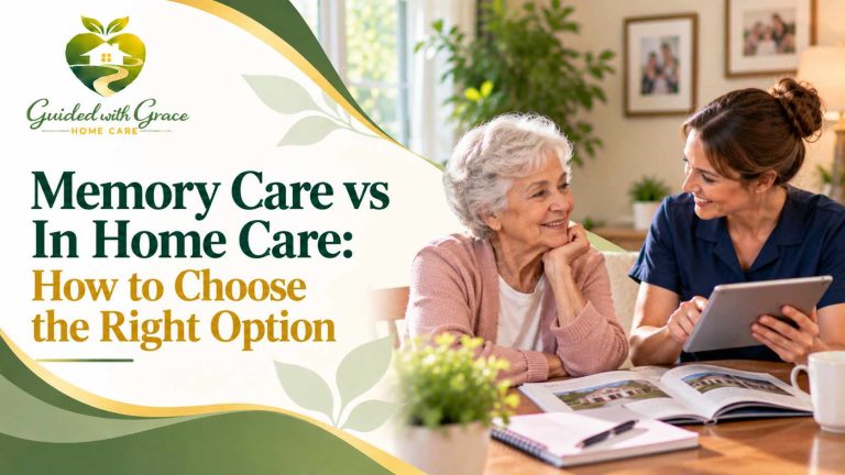 Older man living with dementia walking with a caregiver in his backyard garden