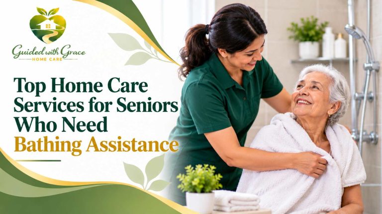 Caregiver helping an elderly woman seated on a shower chair in a safe home bathroom with grab bars