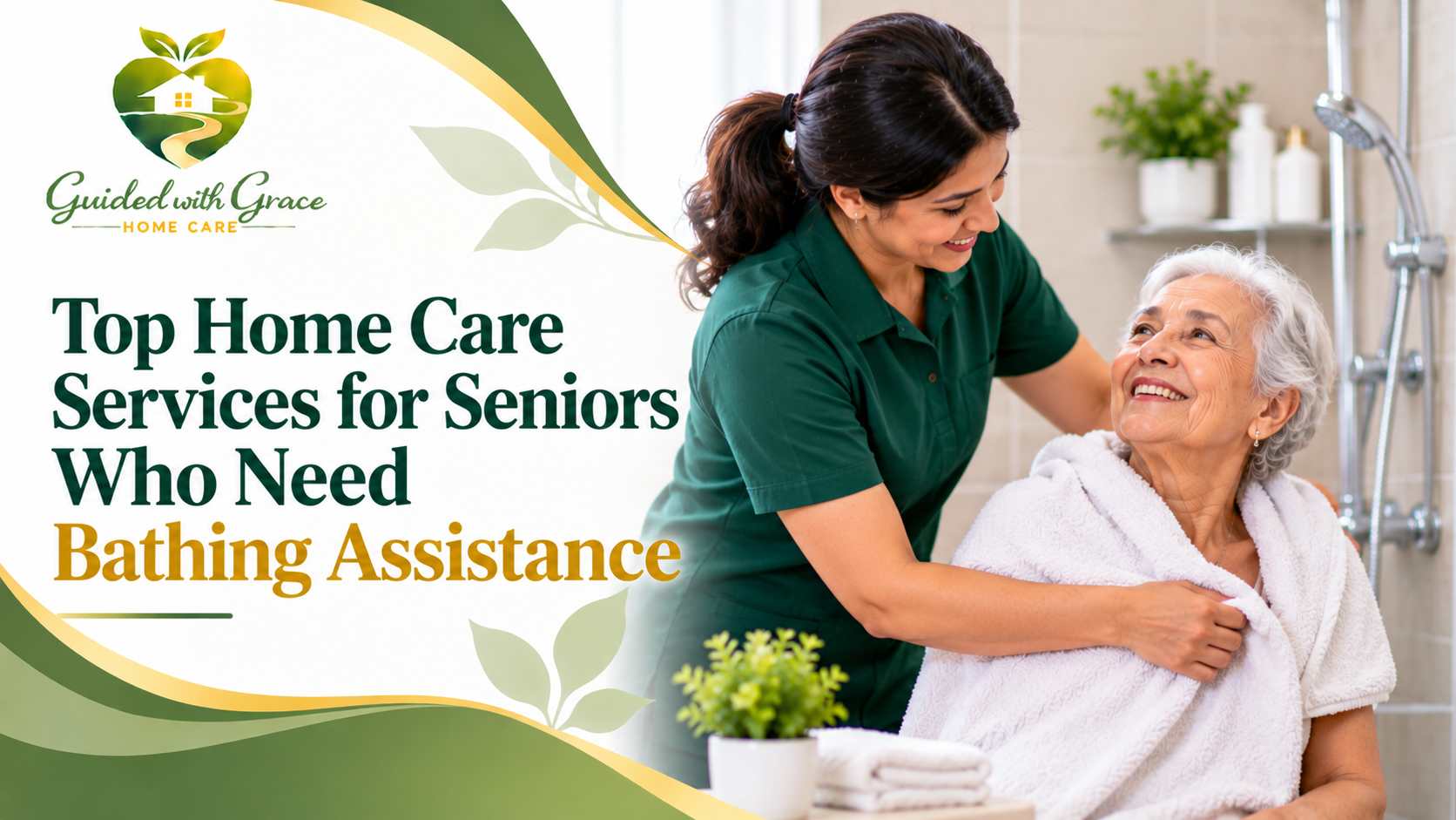 Caregiver helping an elderly woman seated on a shower chair in a safe home bathroom with grab bars